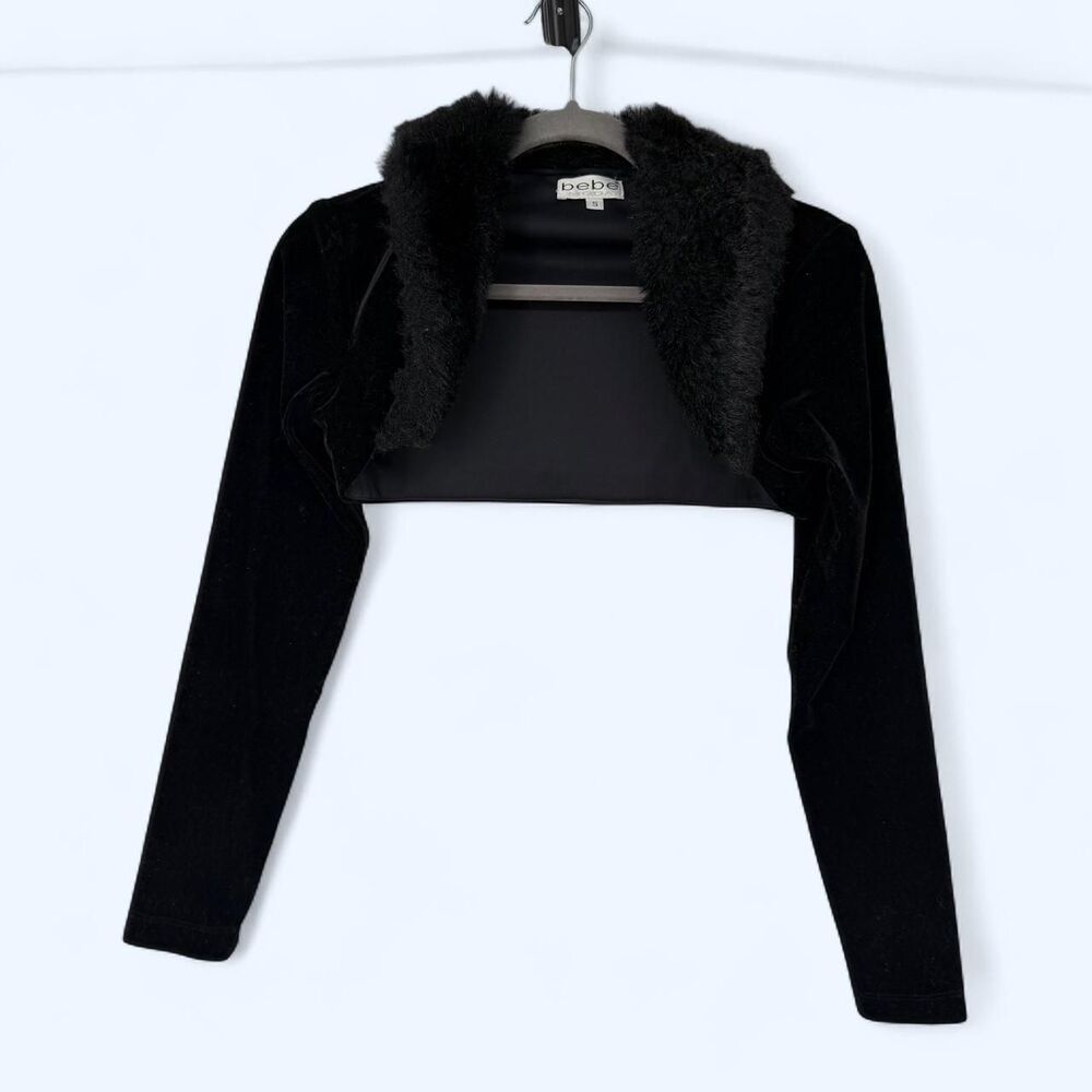 Black Velour Plush Faux Fur Collar Cropped Shrug Long Sleeve Bolero c. 2002